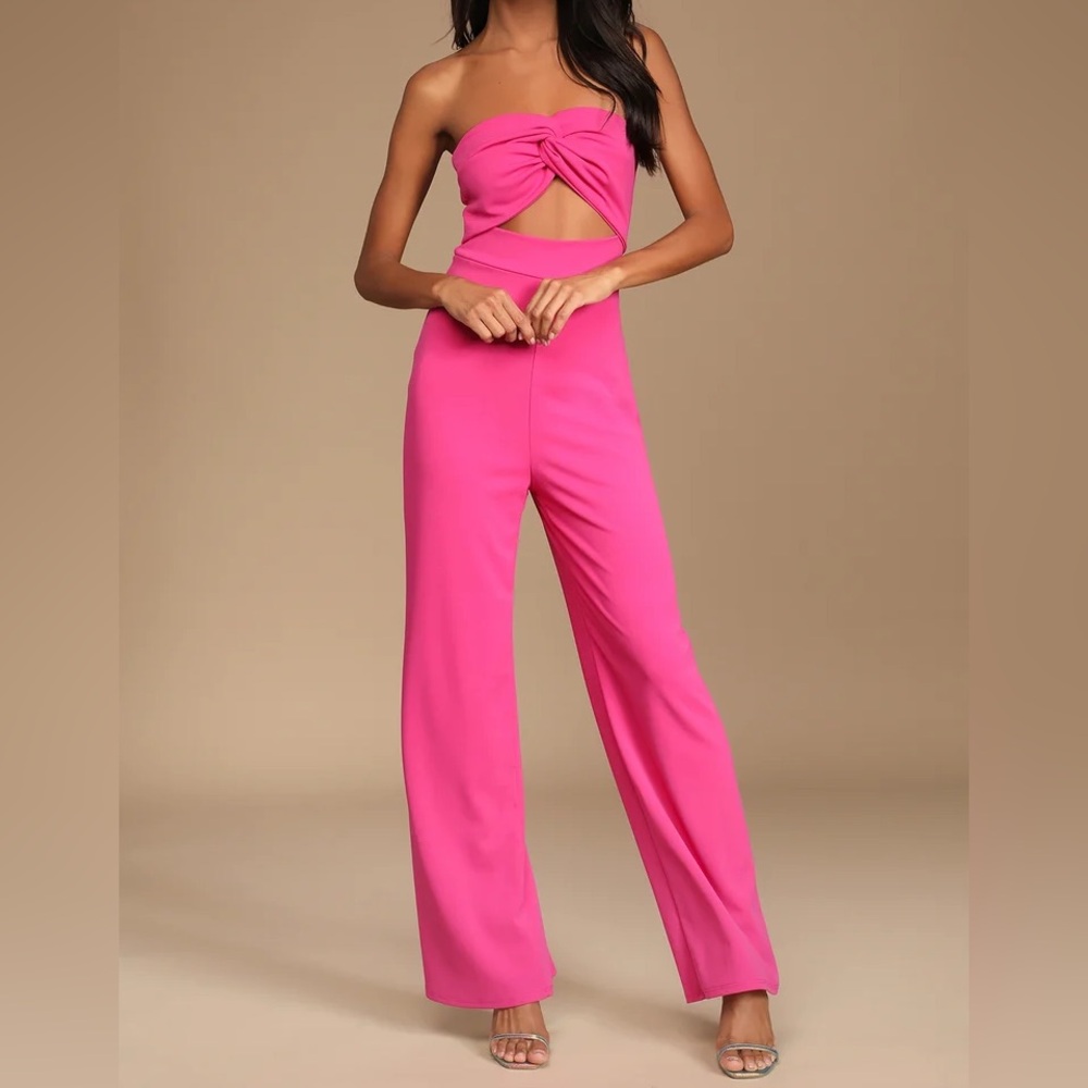 Lulu's All That She Wants Pink Strapless Cutout Straight Leg Jumpsuit Size Large